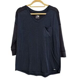 The North Face Womens M Blue V Neck 3/4 Sleeve Pocket T Shirt Top Hiking Camping